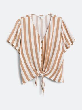 Market & Spruce | Lilo Button Down Tie Front Woven Top | Tan & White | XL